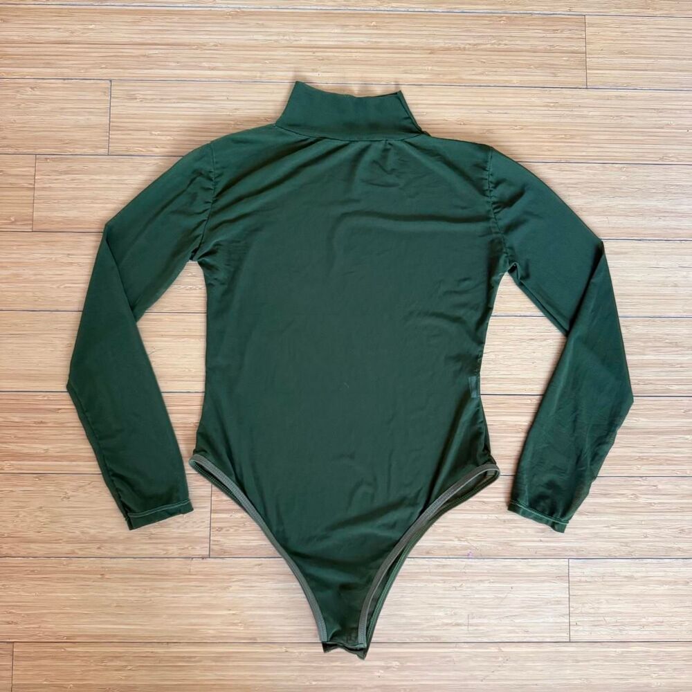 Forest Green Sheer Mesh Bodysuit XS/S Mock Neck Long Sleeve Y2K